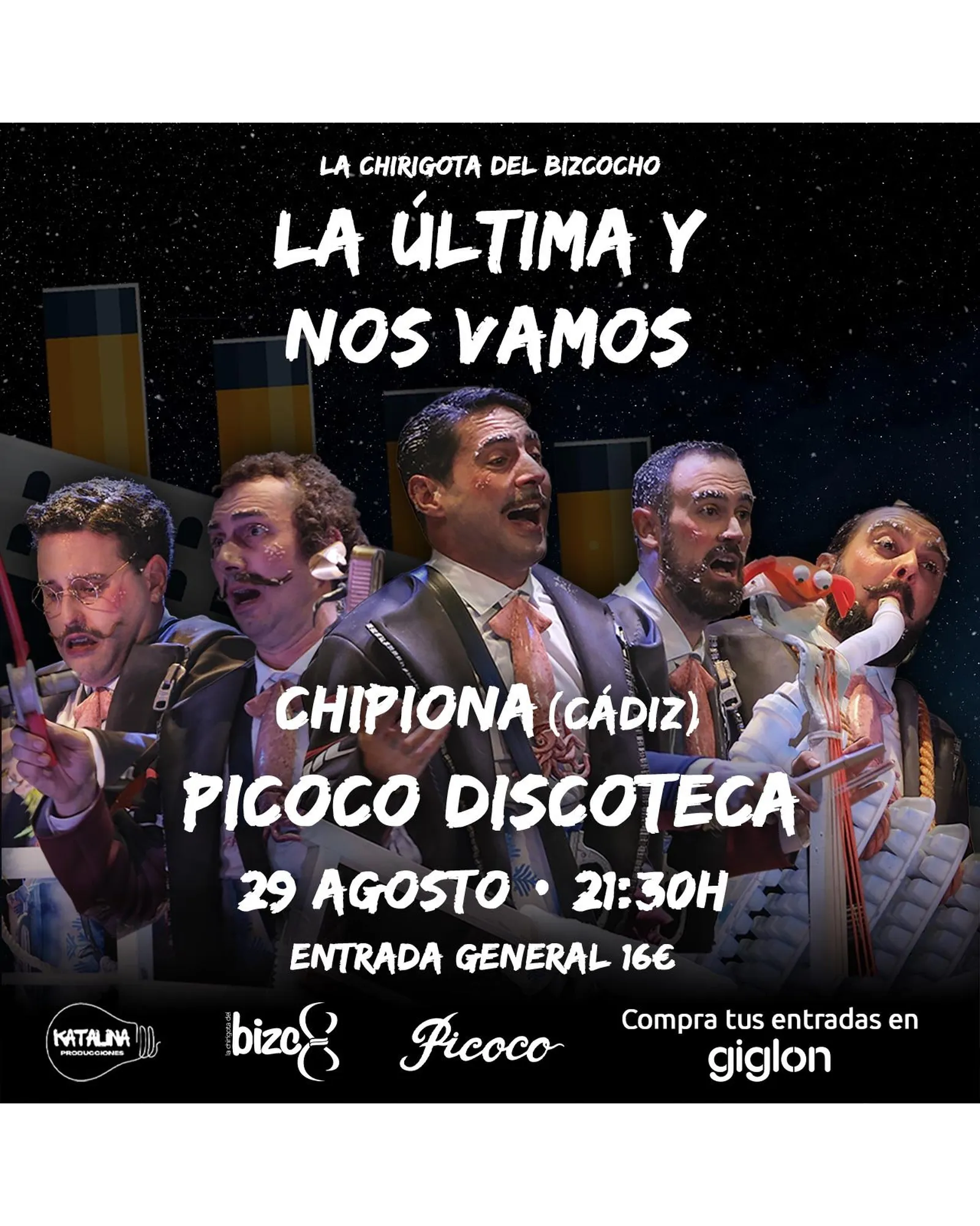 Cartel de «La última y nos vamos» en Chipiona (Cádiz)