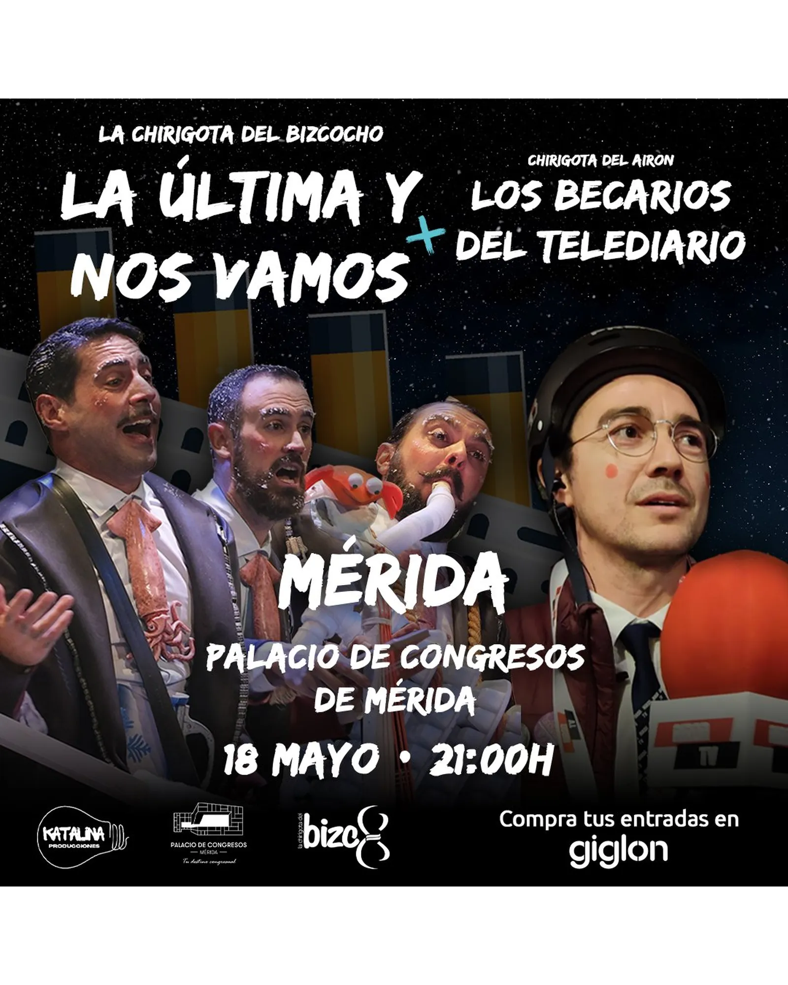 Cartel de «La última y nos vamos» + «Los becarios del telediario» en Mérida